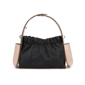 Borsa a tracolla plissettata vintage nera in nylon con manici e tasche laterali in pelle marrone - Nero