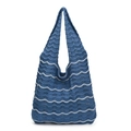 Blue and white woven knit shoulder bag featuring a stylish wavy stripe pattern texture - Blue
