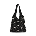 Large knit tote bag in black with white bow patterns and diamond plaid design - Black