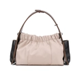 Borsa a spalla in nylon plissettato beige con manici e tracolla in pelle nera - Bianco Sporco