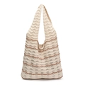 Beige and brown wavy knit tote bag featuring a hollow-out woven pattern and large capacity - Beige