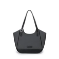 Dark grey canvas tote bag with black leather straps and white stitching for minimalist style - Black