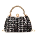 Elegante borsa da sera in tweed con manico di cristallo e chiusura con maxi perla - Nero