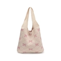 Beige knitted tote bag with pink bow patterns and a diamond weave texture - Rice Pink