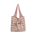 Borsa tote in maglia a righe rosa e beige con un grande fiocco decorativo in rilievo - Rosa