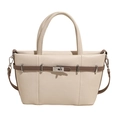 Borsa tote bicolore in pelle a grana con chiusura argento e tracolla staccabile - Bianco Sporco