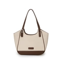 Canvas handbag in cream and brown leather trim with adjustable crossbody strap - Off White