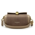 Brown leather crossbody bag with V-shaped chevron texture and gold shell clasp - Khaki