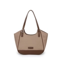 Minimalist khaki canvas tote bag with dark brown leather trim and contrast stitching - Khaki