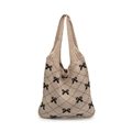 Large knit tote bag in light apricot with black bow jacquard pattern and textured weave - Khaki
