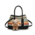 Bunte gestreifte gewebte Handtasche mit schwarzen Ledergriffen und Teddybär-Anhänger - Schwarz Mit Anhänger