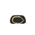 Elegant black oval evening bag featuring a gold C-shaped handle and fine chain strap - Black
