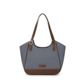 Blue denim and brown leather tote bag with silver metal buckles on a white background - Light Blue