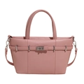 Pink lychee texture leather tote bag with silver metal buckle and shoulder strap - Pink