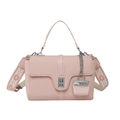 Pink PU leather crossbody bag with woven texture, wide jacquard strap, and mini charm - Pink
