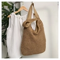 Large handwoven straw tote bag with fabric lining in natural beige for summer - Khaki
