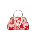 Red vintage shell bag with gold embroidery and white imitation pearl handle for women - Red