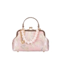 Pink vintage shell-shaped evening bag with gold embroidery and decorative pearl handle - Pink