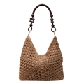 Handmade raffia beach bag with hollow weave pattern and wooden bead shoulder strap - Khaki
