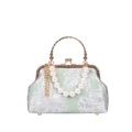 Shell evening bag in light green floral jacquard fabric with white pearl chain - Green