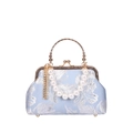 Light blue vintage shell bag with silver floral jacquard and pearl strap - Blue