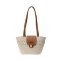 Borsa tote intrecciata bianco crema con cinturini in pelle marrone e chiusura a perla - Bianco Sporco
