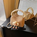 Borsa in paglia marrone con manico a pieghe crema e ciondolo a forma di girasole - Cachi