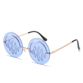 Round frame sunglasses with blue flame design lenses and rose gold metal arms - Gold Frame Blue Lenses
