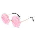 Pink round frame sunglasses with flame pattern engraving and gold metal temples - Gold Frame Pink Lenses