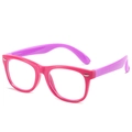 Occhiali anti luce blu per bambini con montatura in silicone rosa e viola su bianco - Montatura Rossa Aste Viola