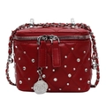 Red quilted leather mini box bag with silver diamond accents and camellia charm - Burgundy
