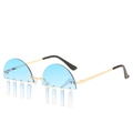 Sky blue rimless sunglasses with hanging blue rectangle pendant tassels and gold frame - Gold Frame Blue Lenses
