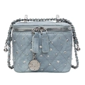 Mini light blue denim quilted box bag with crystal studs and chain strap - Blue