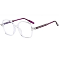 Retro blue light blocking glasses with clear square frame and purple temples in 45-degree view - Transparent Frame Purple Leg