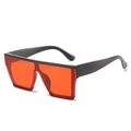 Classic wide square sunglasses with black frame and translucent red flat top shield lens - Black Frame Wine Red Lens