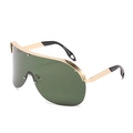 Oversized shield sunglasses with dark green lenses and a golden metal top bar detail - Gold Frame Dark Green Lens