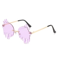 Unique purple fluid-shaped rimless sunglasses with slender gold metal temples - Gold Frame Purple Lens
