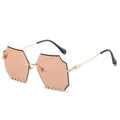 Rimless hexagonal sunglasses with orange gradient lenses and gold carved metal temples - Gold Frame Pink Lenses