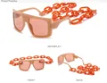 Hip-hop oversized square sunglasses in beige frame with thick orange decorative chain - Jelly Tea Frame Light Tea Lens