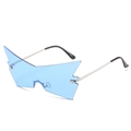 Blue rimless oversized cat eye sunglasses with polygonal lenses and silver metal temples - Silver Frame Blue Lens