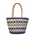 Borsa tote in paglia intrecciata a mano con motivi a rete blu per vacanze al mare - Blu
