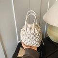 Beige cotton rope woven tote bag with hollow grid pattern and drawstring lining - Off White