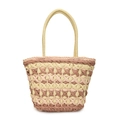 Borsa tote in paglia intrecciata a mano con motivo a maglia beige e marrone e manici tondi - Cachi e Bianco