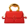 Red trapezoid box bag with woven flap, gold metal handle and removable shoulder strap - Red