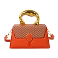 Orange leather box bag with contrast woven flap and sculptural gold metal handle - Orange