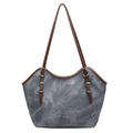 Borsa tote vintage in tela lavata grigio-blu con manici in pelle marrone e fibbie - Blu