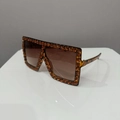Oversized square sunglasses with amber rhinestones and leopard print temples - Leopard Frame / Tea Rhinestone