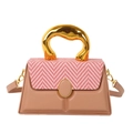 Brown leather crossbody box bag with pink woven flap and gold artistic metal handle - Pink