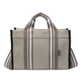 Elegante borsa tote in tela beige con manici a righe marroni e design squadrato semplice - Nero