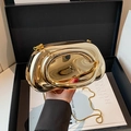 Minimalist gold metallic evening clutch bag with circular handle and chain strap - Gold